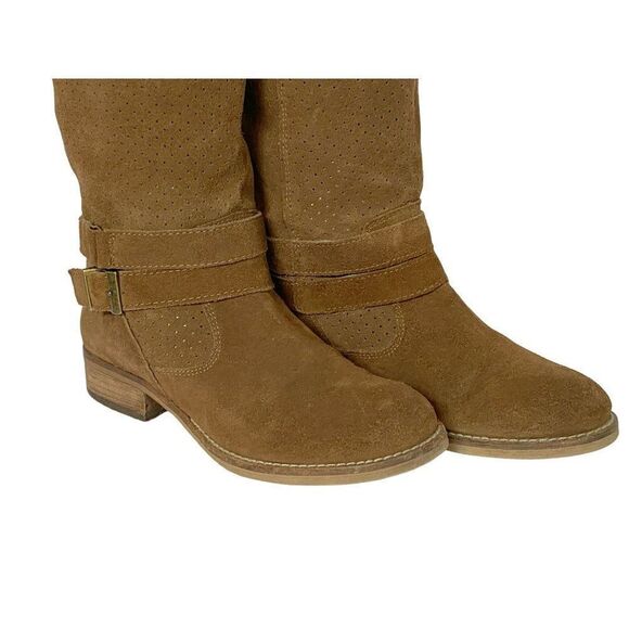 Vintage Chroma Pierced Suede Booties Boots Pull-On Brown Block Heel Leather 8M - Picture 2 of 10